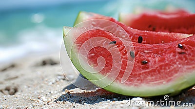 A closeup of a juicy watermelon slice ready to be devoured at a beach picnic Stock Photo