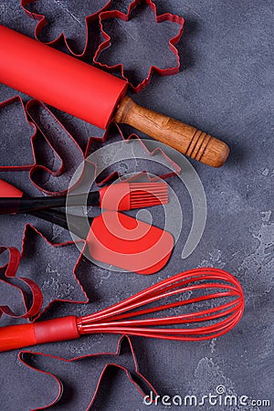 Closeup kitchen utensols and cookies cutters Stock Photo