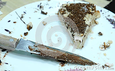 Closeup knife and a piece off a homemade cake with chocolate chips on a plate. Stock Photo