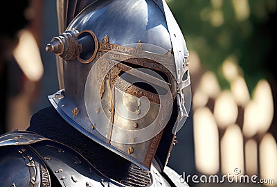 Closeup of knight headshot helm in armor standing guard of the palace background. Medieval and Crusades war concept. Generative AI Stock Photo