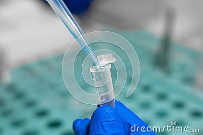 Closeup laboratory assistant analyzing a blood sample using micropipette. Science and medicine concept Editorial Stock Photo