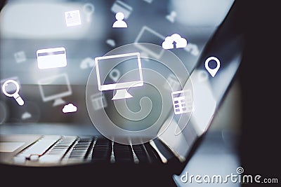 Closeup of laptop with media icons Stock Photo