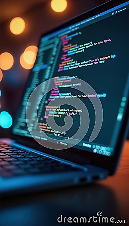 Closeup laptop screen displays coding. Modern tech workspace blurred background. Developer works on computer. Software Stock Photo