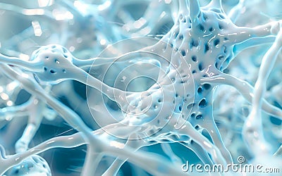 Closeup large white neuron cells at high microscope magnification, active neuronal nervous system network, rendering style, Stock Photo