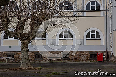 Closeup of a lifeless tree in front of a white house with arch windows Stock Photo