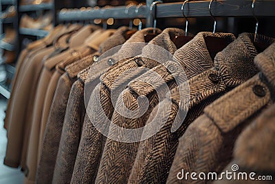 Closeup of light brown coats on hangers in store showcasing classic womenswear. Concept Fashion Stock Photo