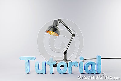 Closeup light bulb glass on neutral grey surface with tutorial clay lettering; conceptual; 3D Illustration Stock Photo