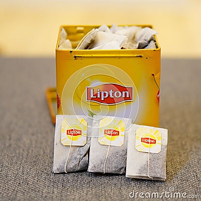 Closeup of Lipton brand black tea in bags and a yellow box Editorial Stock Photo