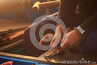 Closeup Old Man Hands in Watch Mend Something on Boat Stock Photo