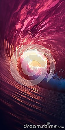 Closeup Look of Ocean Waves Tube in Dark Purple Sunset with Sun Inside Wave. Generative ai Cartoon Illustration