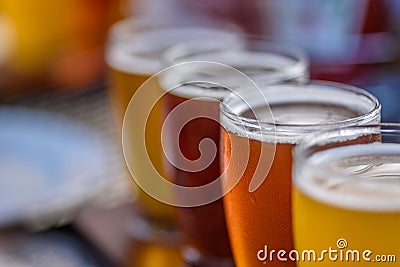 Closeup macro of a beer flight in sunlight Stock Photo