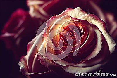 Closeup ravishing realistic detail intricate beauty of vivid red rose flower. Stock Photo