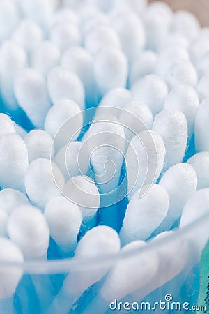 Closeup macro on ear cleaning sticks in the box. Ear hygene with ear sticks. Medical and healthcare concept image Stock Photo