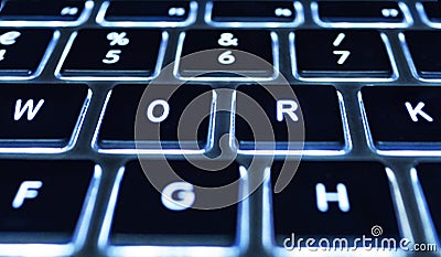 Closeup macro, laptop and keyboard with shine, backlit or technology for email communication, coding or iot. Pc Stock Photo