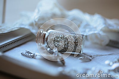 Closeup photo of details, workplace of decorator and creator of wedding imitation jewelry Stock Photo