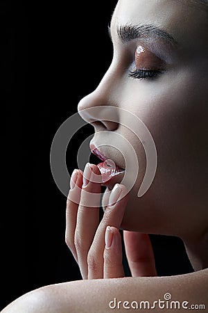 Closeup macro portrait of female face with eyes closed. Woman wi Stock Photo