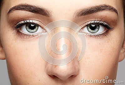 Closeup macro portrait of female face. Human woman open eyes wit Stock Photo