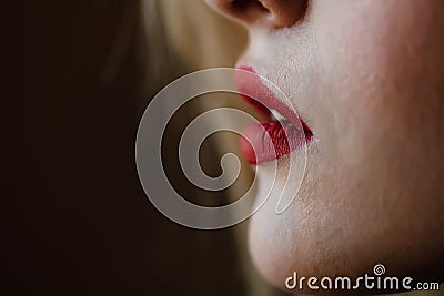 Closeup macro portrait of female red lips, part of face. woman lips with day beauty makeup. Stock Photo