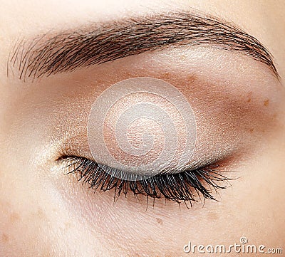 Closeup macro shot of closed human female eye with natural day f Stock Photo