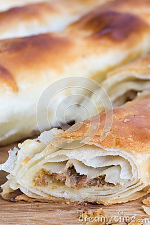 Closeup macro slice of burek with meat Stock Photo