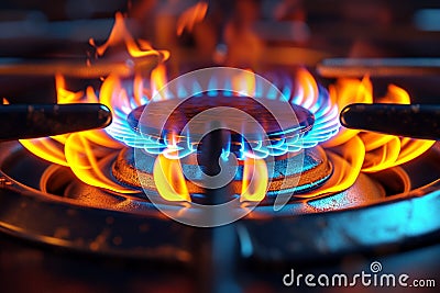 Closeup magic gas burner emits mesmerizing blue orange flames in vivid illustration Cartoon Illustration