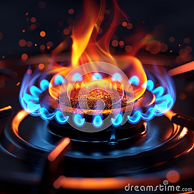 Closeup magic gas burner emits mesmerizing blue orange flames in vivid illustration Cartoon Illustration