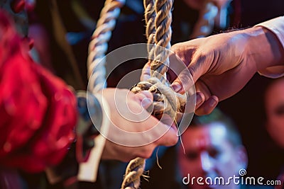 closeup of magicians hands tying knot in rope, watchers Stock Photo