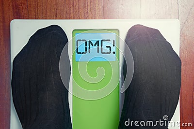 Closeup male feet scale OMG Oh my God at morning Stock Photo