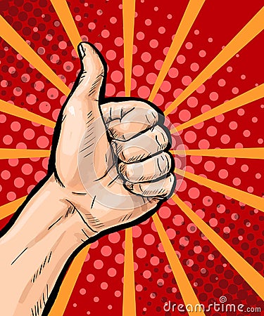 Closeup of male hand showing thumbs up sign on pop art background. Pop Art poster. Pop Art background. isolated, message, support, Stock Photo