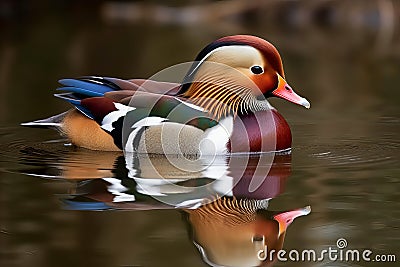 Closeup male mandarin duck - Aix galericulata swimming, viewed of profile, with a large reflection in the water Generative AI. Stock Photo