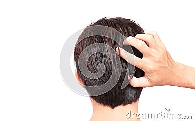 Closeup man hand itchy scalp, Hair care concept Stock Photo