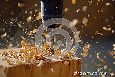 closeup of manual drill used on a softwood block, chips falling Stock Photo