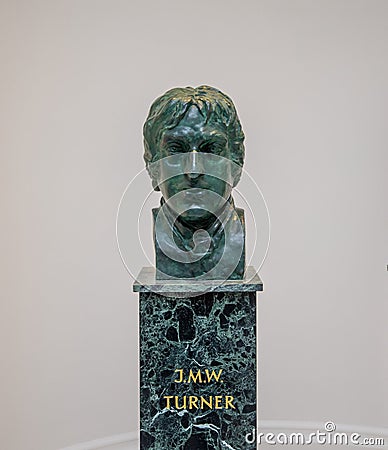 Closeup of a marble-based statue of JMW Turner Editorial Stock Photo