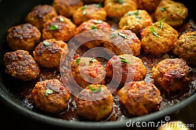 Closeup Meatballs and Tomato Sauce in Pan Stock Photo