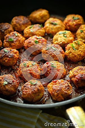 Closeup Meatballs and Tomato Sauce in Pan Stock Photo