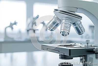 closeup of a microscope lens, minimal background with soft lighting emphasizing the clean and modern laboratory setting, Stock Photo