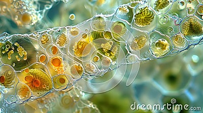 A closeup of a microscope slide containing a single tiny microalgae cell magnified to reveal intricate structures and Stock Photo