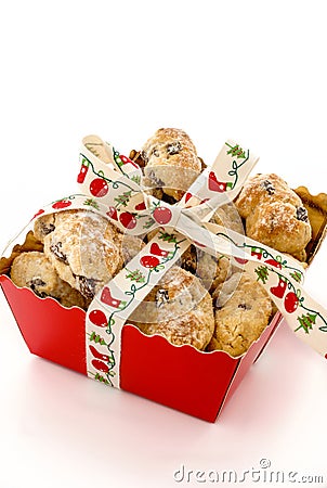 Closeup of Mini Christstollen in a Festive Tray Stock Photo