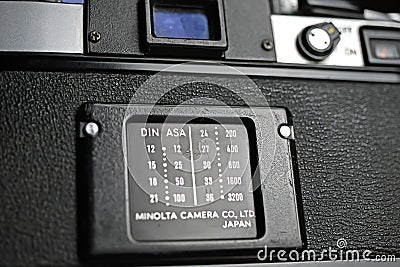 Closeup of Minolta XE 5 analog camera back with DIN ASA table for film light sensitivity Editorial Stock Photo