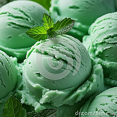 Closeup of mint ice cream scoop on table with food items Stock Photo