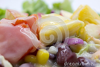 Closeup mixed of fresh salad and fruit. Stock Photo