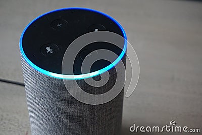 Closeup of a modern speaker on a gray surface Editorial Stock Photo