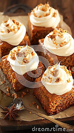 Closeup moist carrot cake adorned with cream cheese frosting. Stock Photo