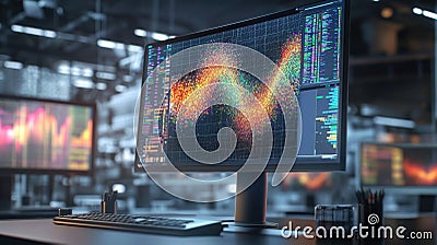 A closeup of a monitor showing colorcoded heat maps indicating factory floor performance across various workstations Stock Photo