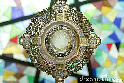 Closeup of Ostensory for worship at a Catholic church ceremony - Adoration to the Blessed Sacrament - Catholic Church Eucharistic. Stock Photo