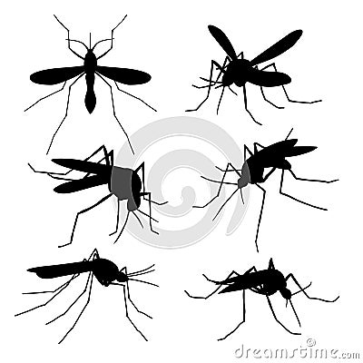 Closeup mosquito silhouettes isolated. Flying macro mosquitoes vector set Vector Illustration