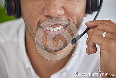 Closeup, mouth and man with headset, call center and telemarketing for customer service, talking and advice. Zoom, male Stock Photo