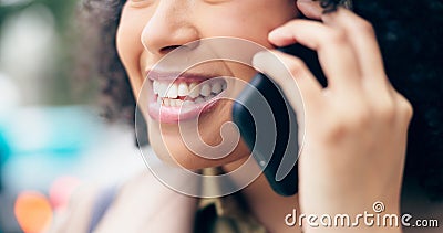 Closeup, mouth and a woman on a phone call for communication, conversation or a chat in the city. Happy, contact and Stock Photo