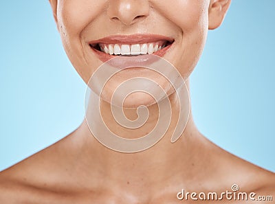 Closeup, mouth and woman with skincare, cosmetics and dermatology with girl on blue studio background. Face, female and Stock Photo