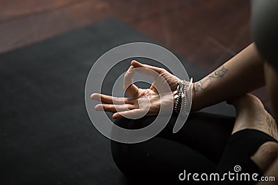 Closeup of mudra gesture, performed with young female fingers, s Stock Photo